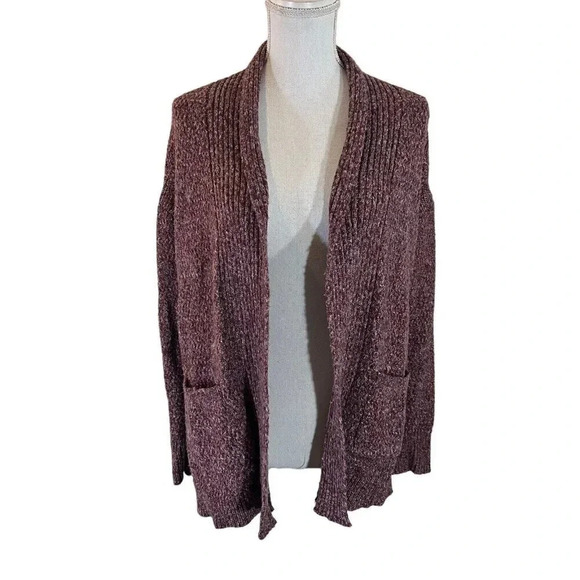 Liz Claiborne Open Cardigan Sweater Large Marled Purple Slouchy Pockets Knit Top - Picture 1 of 6